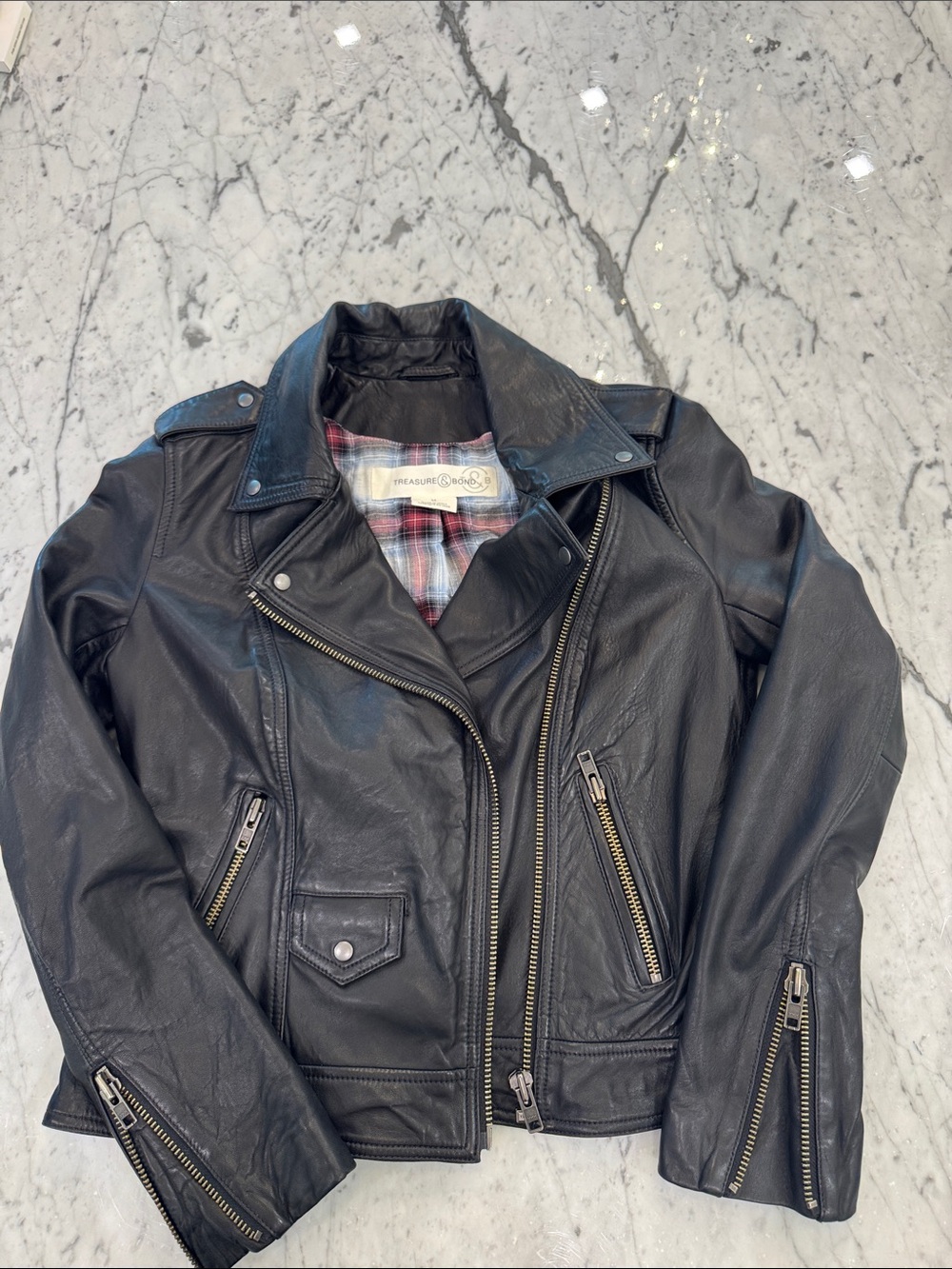 Treasure & Bond Black Leather Moto Jacket with Zipper Details